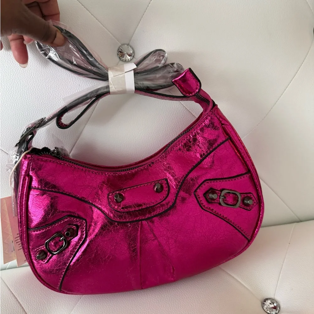 Kayla + Ava Metallic Pink Vegan Leather Shoulder Bag | Y2K Style Purse - Picture 11 of 11